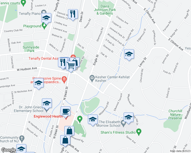 map of restaurants, bars, coffee shops, grocery stores, and more near 14 Bliss Avenue in Tenafly