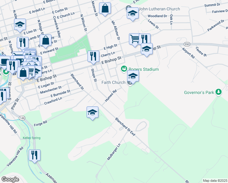 map of restaurants, bars, coffee shops, grocery stores, and more near 501 Ripka Lane in Bellefonte