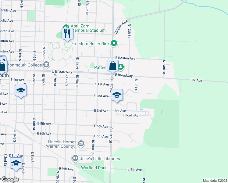 map of restaurants, bars, coffee shops, grocery stores, and more near 325 South 11th Street in Monmouth