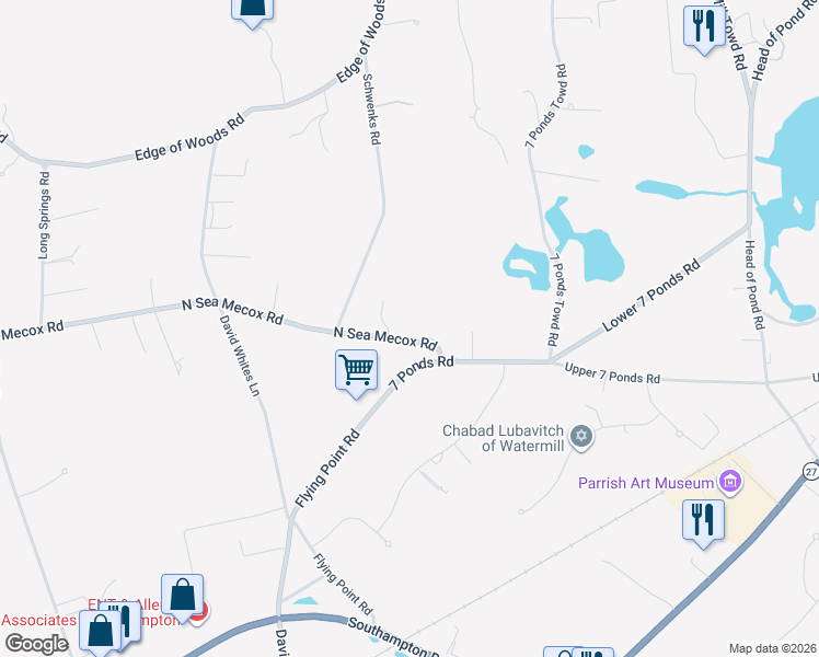 map of restaurants, bars, coffee shops, grocery stores, and more near 925 North Sea Mecox Road in Water Mill