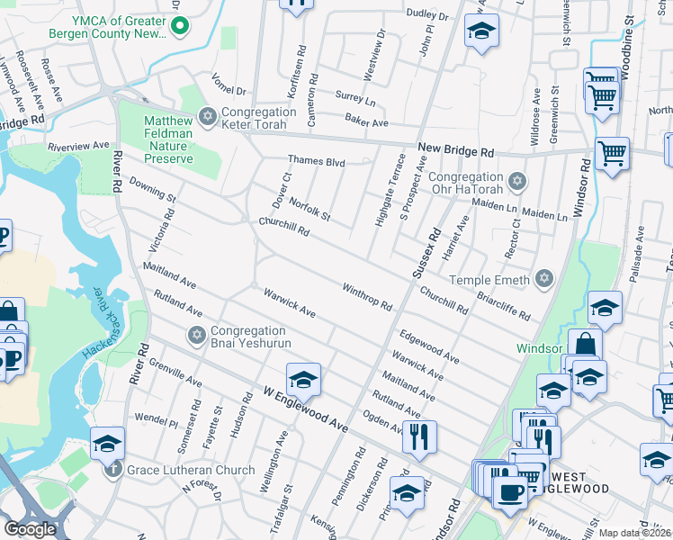 map of restaurants, bars, coffee shops, grocery stores, and more near 523 Winthrop Road in Teaneck