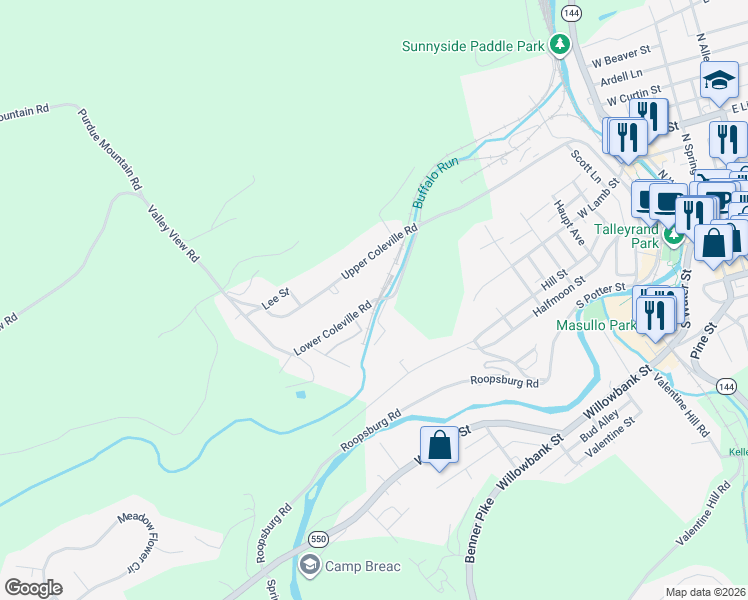 map of restaurants, bars, coffee shops, grocery stores, and more near 224 Lower Coleville Road in Bellefonte