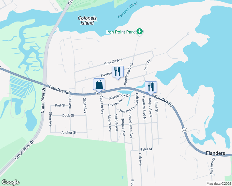 map of restaurants, bars, coffee shops, grocery stores, and more near 769 Flanders Road in Flanders