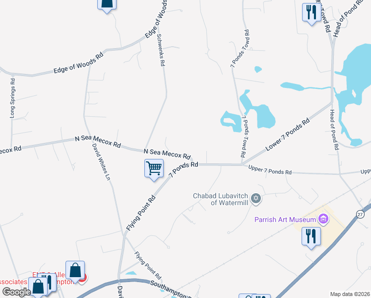 map of restaurants, bars, coffee shops, grocery stores, and more near 925 North Sea Mecox Road in Water Mill