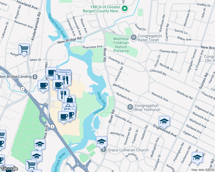 map of restaurants, bars, coffee shops, grocery stores, and more near 1526 River Road in Teaneck