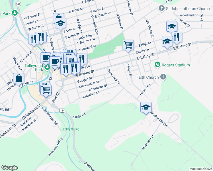 map of restaurants, bars, coffee shops, grocery stores, and more near 399 E Burnside St in Bellefonte