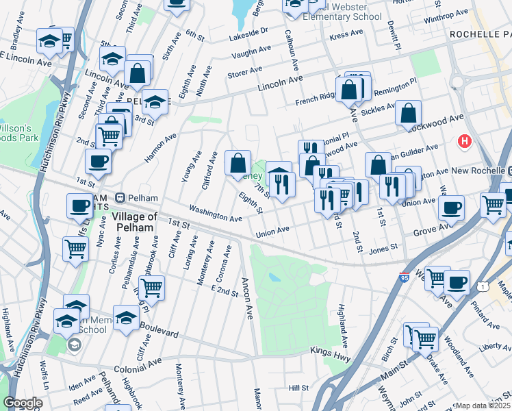 map of restaurants, bars, coffee shops, grocery stores, and more near 46 Eighth Street in New Rochelle