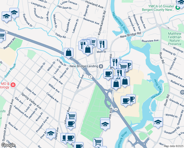 map of restaurants, bars, coffee shops, grocery stores, and more near 2 New Jersey 4 in River Edge