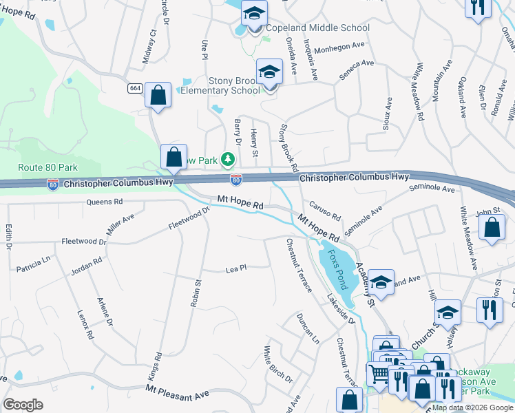 map of restaurants, bars, coffee shops, grocery stores, and more near 41 Mount Hope Road in Rockaway