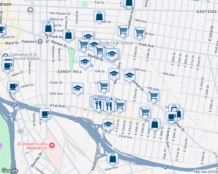 map of restaurants, bars, coffee shops, grocery stores, and more near 920 Madison Avenue in Paterson