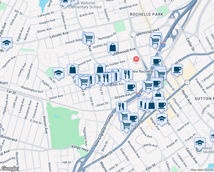 map of restaurants, bars, coffee shops, grocery stores, and more near Webster Avenue & Union Avenue in New Rochelle