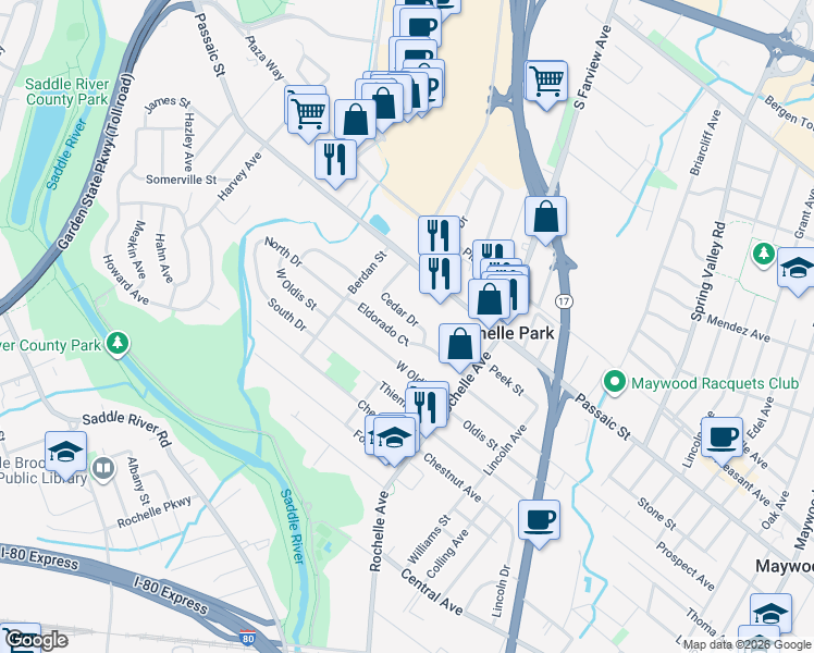 map of restaurants, bars, coffee shops, grocery stores, and more near 52 Eldorado Court in Rochelle Park