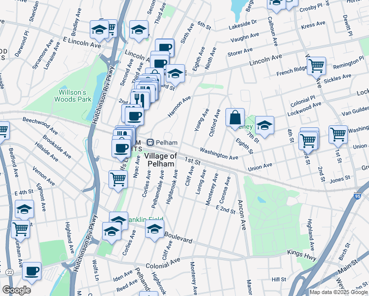 map of restaurants, bars, coffee shops, grocery stores, and more near 448 Washington Avenue in Village of Pelham