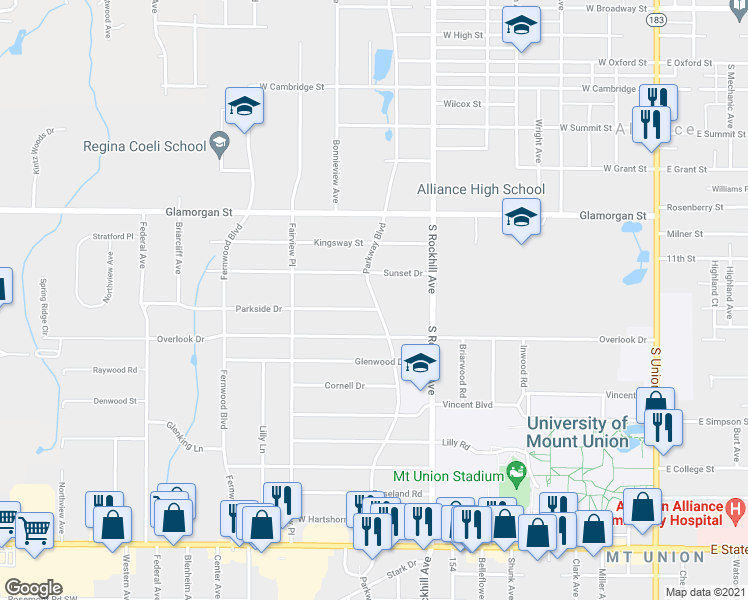map of restaurants, bars, coffee shops, grocery stores, and more near 1218 Parkway Boulevard in Alliance