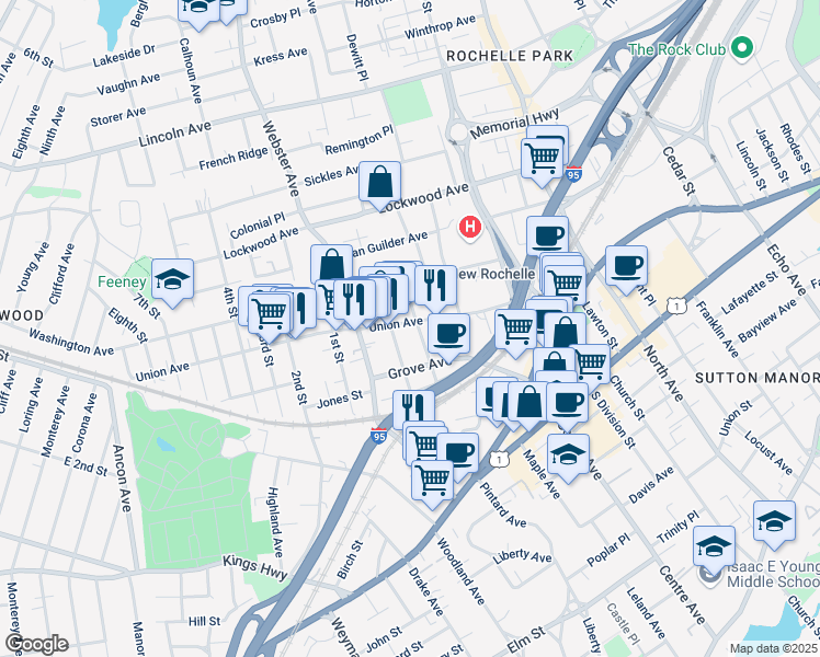 map of restaurants, bars, coffee shops, grocery stores, and more near 114 Union Avenue in New Rochelle