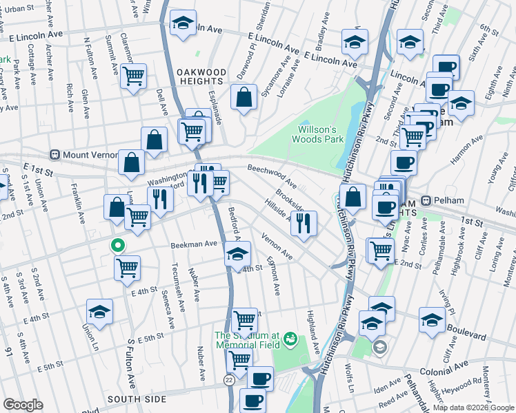 map of restaurants, bars, coffee shops, grocery stores, and more near in Mount Vernon