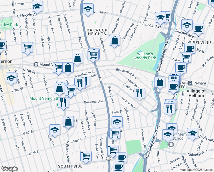 map of restaurants, bars, coffee shops, grocery stores, and more near 234 Bedford Avenue in Mount Vernon