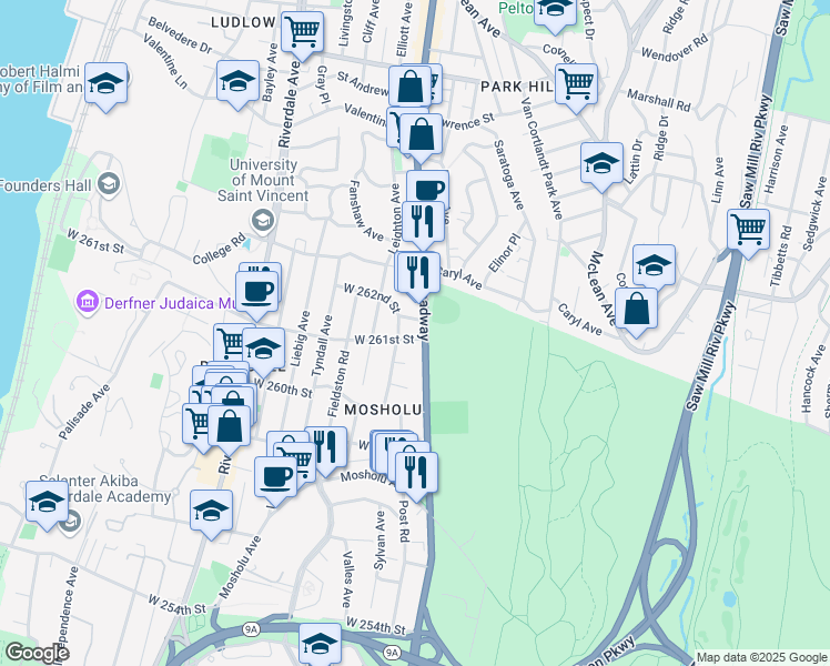 map of restaurants, bars, coffee shops, grocery stores, and more near 240 West 261st Street in Bronx