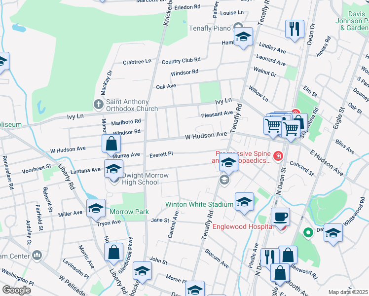 map of restaurants, bars, coffee shops, grocery stores, and more near 201 Everett Place in Englewood