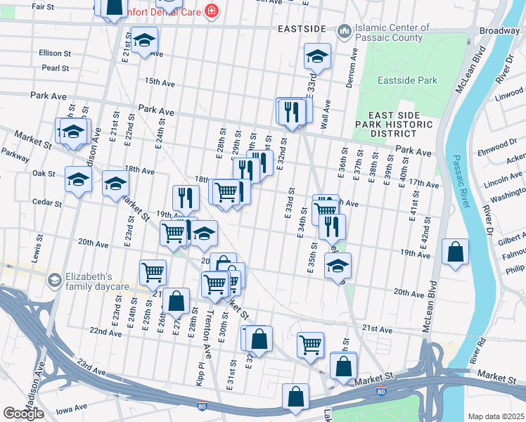 map of restaurants, bars, coffee shops, grocery stores, and more near 452 East 32nd Street in Paterson