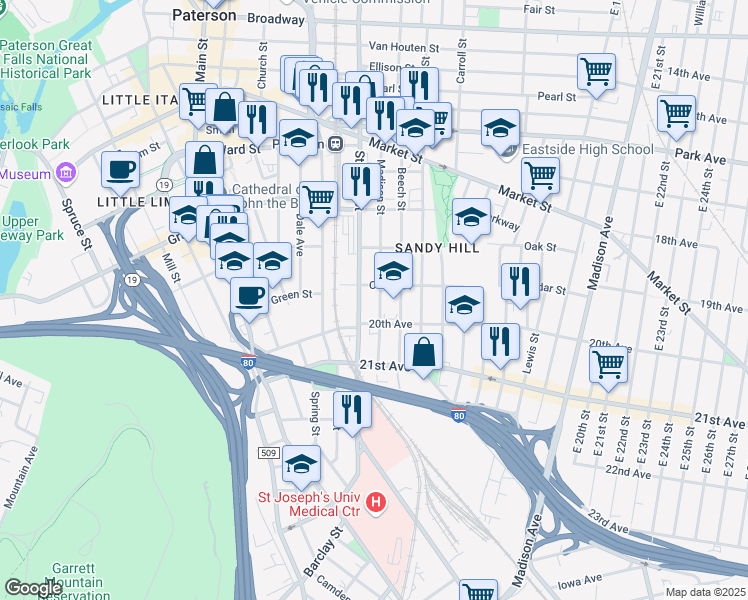 map of restaurants, bars, coffee shops, grocery stores, and more near 427 Straight Street in Paterson