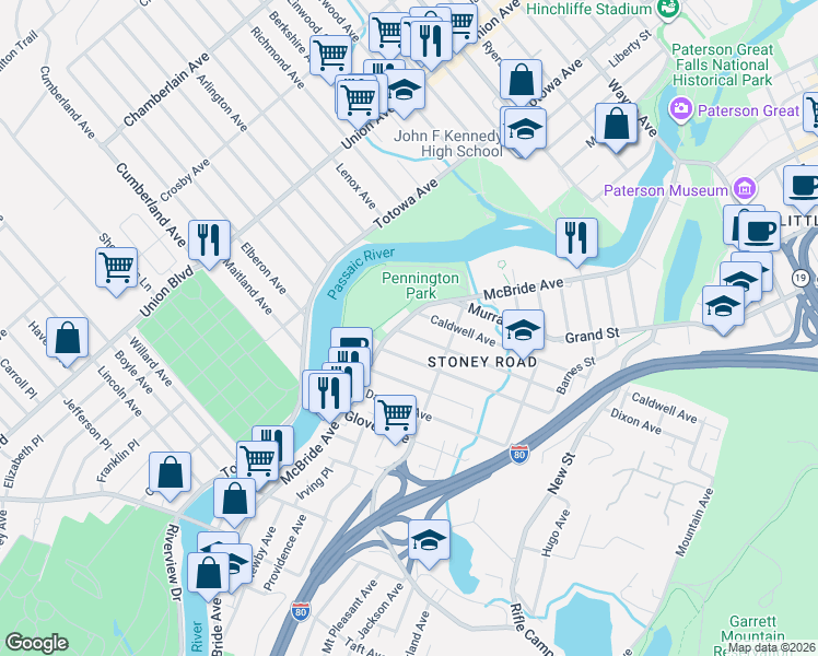map of restaurants, bars, coffee shops, grocery stores, and more near 75 Dixon Avenue in Paterson