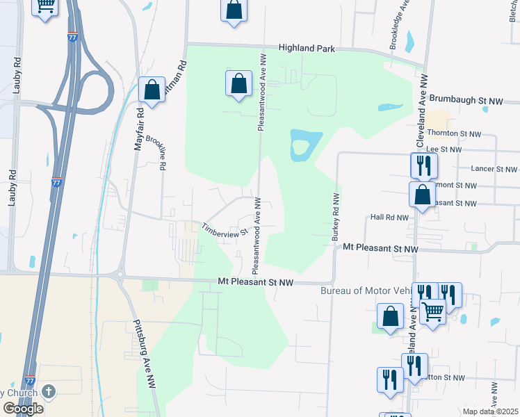 map of restaurants, bars, coffee shops, grocery stores, and more near 8591 Pleasantwood Avenue Northwest in North Canton