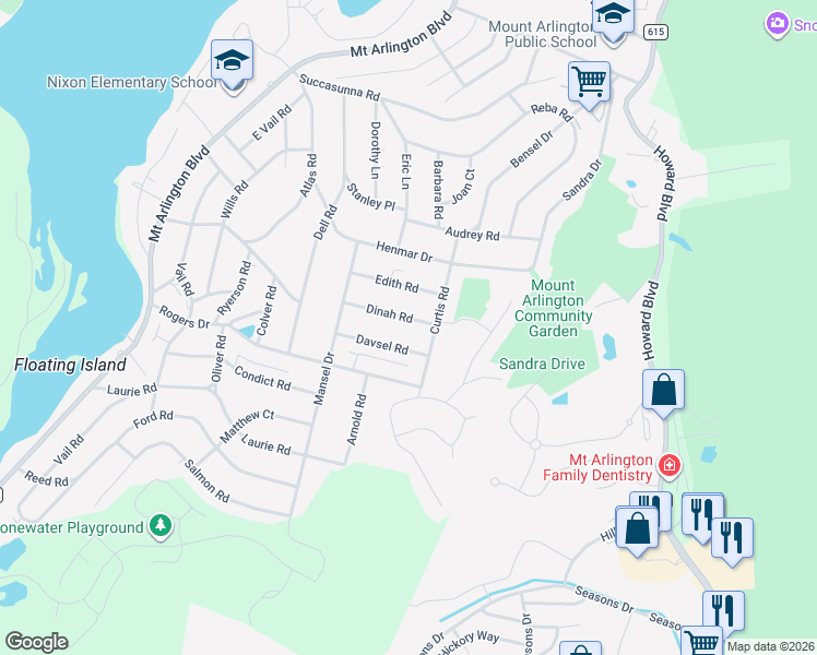 map of restaurants, bars, coffee shops, grocery stores, and more near 527 Davsel Road in Roxbury Township