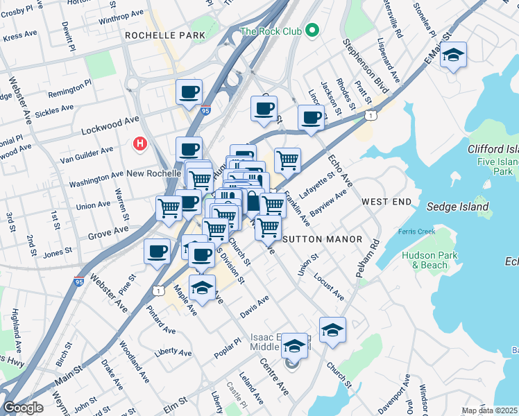 map of restaurants, bars, coffee shops, grocery stores, and more near 456 Main Street in New Rochelle