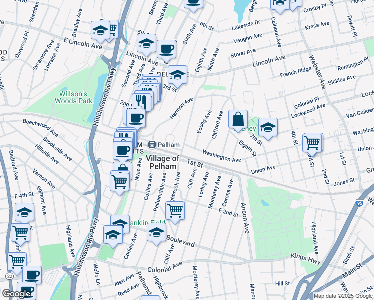 map of restaurants, bars, coffee shops, grocery stores, and more near 448 Washington Avenue in Village of Pelham