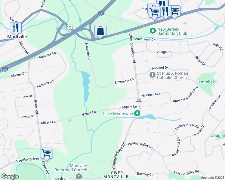 map of restaurants, bars, coffee shops, grocery stores, and more near 11 Rosewood Avenue in Montville