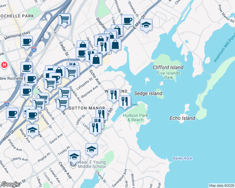 map of restaurants, bars, coffee shops, grocery stores, and more near 146 Sutton Manor Road in New Rochelle