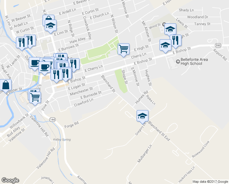 map of restaurants, bars, coffee shops, grocery stores, and more near 116 Crawford Street in Bellefonte