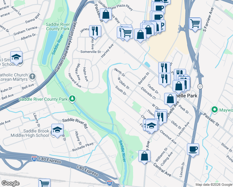 map of restaurants, bars, coffee shops, grocery stores, and more near 164 Chestnut Street in Rochelle Park
