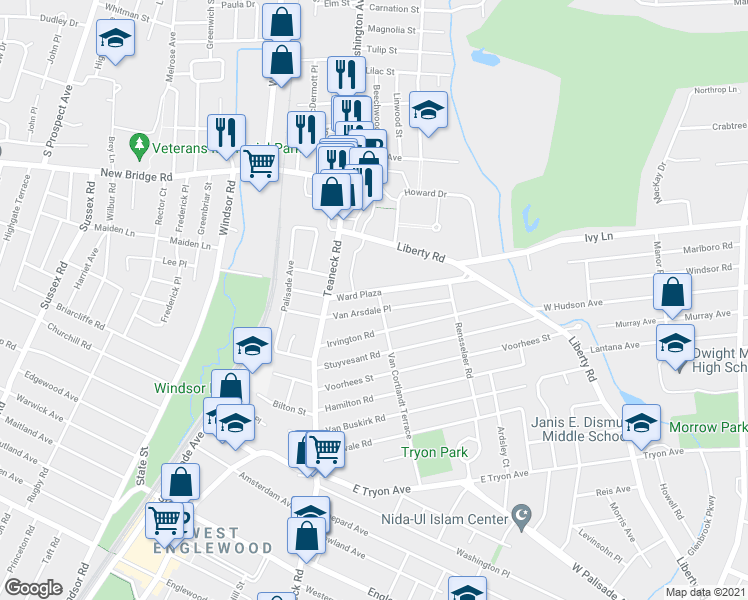 map of restaurants, bars, coffee shops, grocery stores, and more near 1794 Van Cortlandt Terrace in Teaneck