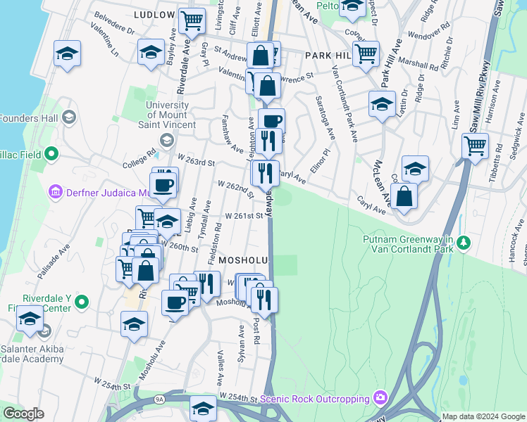 map of restaurants, bars, coffee shops, grocery stores, and more near 240 West 261st Street in Bronx