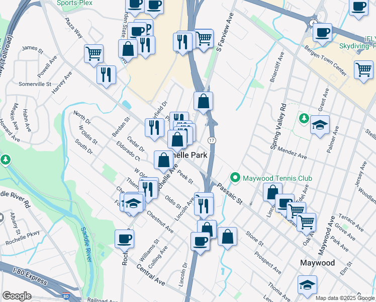 map of restaurants, bars, coffee shops, grocery stores, and more near in Rochelle Park
