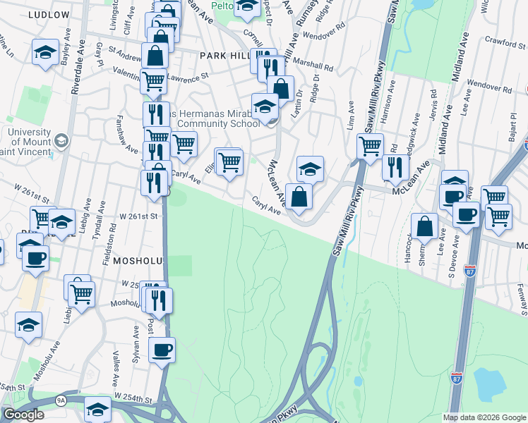 map of restaurants, bars, coffee shops, grocery stores, and more near 132 Caryl Avenue in Yonkers