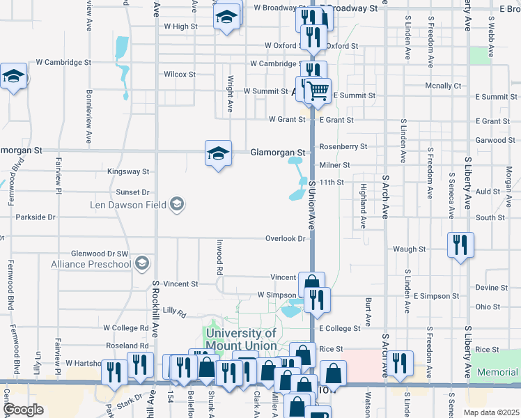 map of restaurants, bars, coffee shops, grocery stores, and more near 1025 South Union Avenue in Alliance