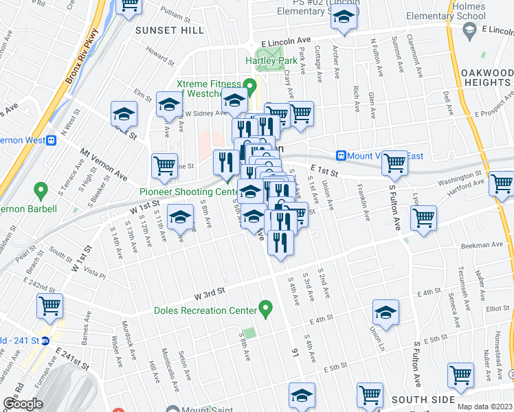 map of restaurants, bars, coffee shops, grocery stores, and more near 47 South 5th Avenue in Mount Vernon
