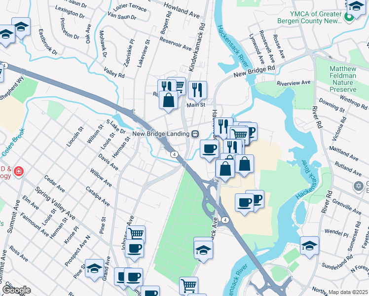map of restaurants, bars, coffee shops, grocery stores, and more near 55 Kinderkamack Rd in River Edge
