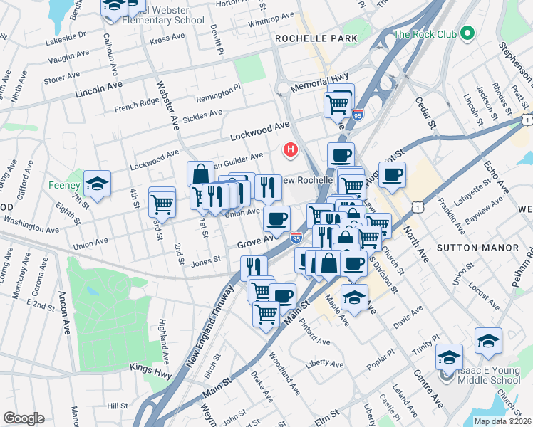 map of restaurants, bars, coffee shops, grocery stores, and more near 37 Warren Street in New Rochelle