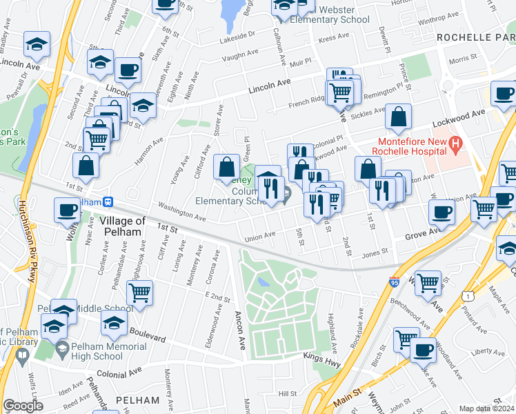 map of restaurants, bars, coffee shops, grocery stores, and more near 46 Eighth Street in New Rochelle