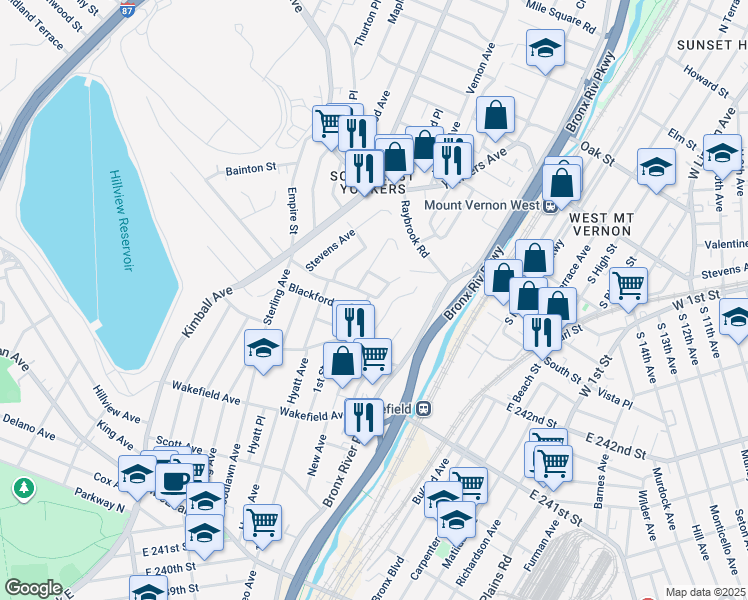 map of restaurants, bars, coffee shops, grocery stores, and more near 112 Hart Avenue in Yonkers