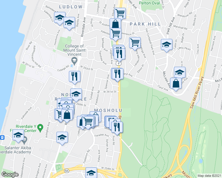 map of restaurants, bars, coffee shops, grocery stores, and more near 240 West 261st Street in The Bronx