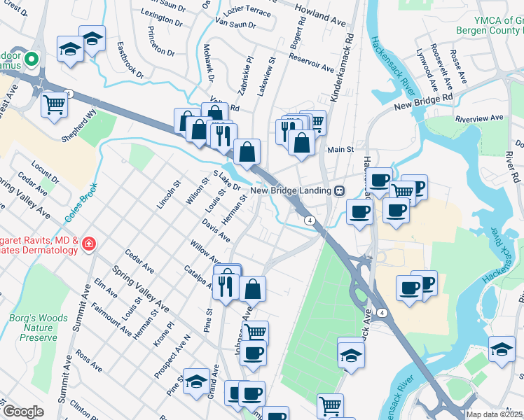 map of restaurants, bars, coffee shops, grocery stores, and more near 960 Main Street in Hackensack