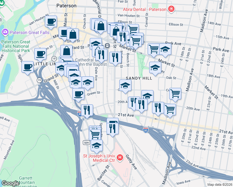 map of restaurants, bars, coffee shops, grocery stores, and more near 427 Straight Street in Paterson