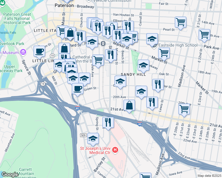map of restaurants, bars, coffee shops, grocery stores, and more near 427 Straight Street in Paterson