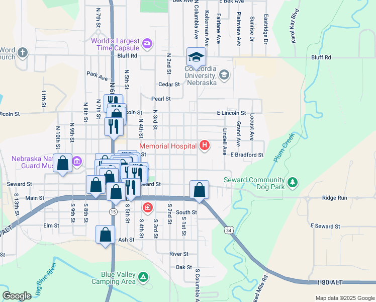 map of restaurants, bars, coffee shops, grocery stores, and more near 300 North Columbia Avenue in Seward