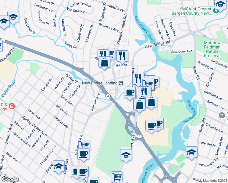 map of restaurants, bars, coffee shops, grocery stores, and more near 55 Kinderkamack Road in River Edge